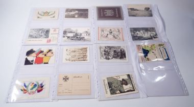 Fourteen military themed postcards including two silks
