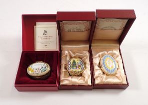 A Staffordshire Enamels Halcyon Days QEII Accession 50th Anniversary box and two Marshall Enamels