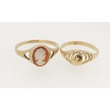 A 10k gold ring with engraved and pierced decoration, size M and a 9 carat gold cameo ring size U,