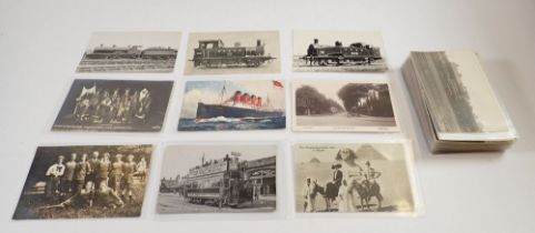 A box of miscellaneous postcards - mainly trains and Lusitania card