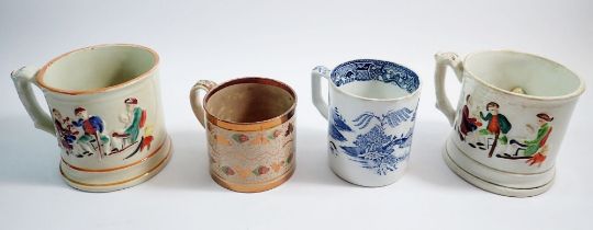 Two Victorian Staffordshire frog mugs moulded tavern scenes and two other mugs, 12cm tall