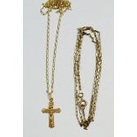 Two 9 carat gold chains, 7g and yellow metal crucifix