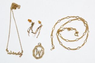 A 9 carat gold necklace, 'Wendy' necklace and 'W' pendant, 6g plus pair of yellow metal earrings