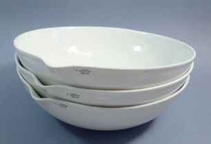 A set of three Royal Worcester white porcelain large circular laboratory large circular dishes