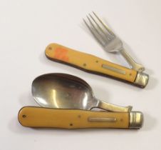 An antique officers silver plated field folding cutlery set comprising of a fork and spoon by