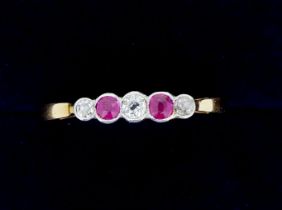 An 18 carat gold diamond and ruby five stone ring, 2.2g, size Q