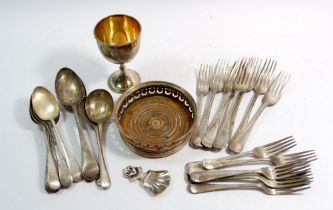 Various silver plated cutlery, a silver plated cup, wine coaster and a caddy spoon