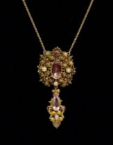 A Georgian 15 carat gold Cannetille pendant and drop set pink topaz and pearls on later 9 carat gold