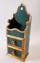 A painted green and gilt pair of wooden spice drawers, 37.5cm tall