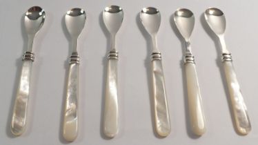 Six silver Thistle & Bee mother of pearl small dessert spoons