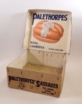 A Palethorpes cardboard sausages shop display box 'Royal Cambridge' with colour illustration to