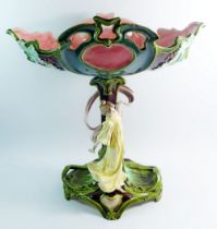 An impressive Prussian Art Nouveau Majolica centrepiece comport, the oval bowl with leaf and berry