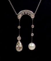 A yellow and white gold lavalier necklace set, 1.5 carat pear cut diamond and single pearl on two