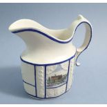 An early 19th century press moulded jug with blue lined panels and two printed country house scenes,