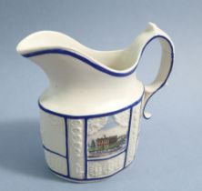 An early 19th century press moulded jug with blue lined panels and two printed country house scenes,