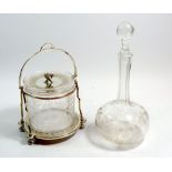 An Edwardian glass and silver plated biscuit box etched ferns and a decanter etched ferns, 29cm tall