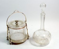 An Edwardian glass and silver plated biscuit box etched ferns and a decanter etched ferns, 29cm tall