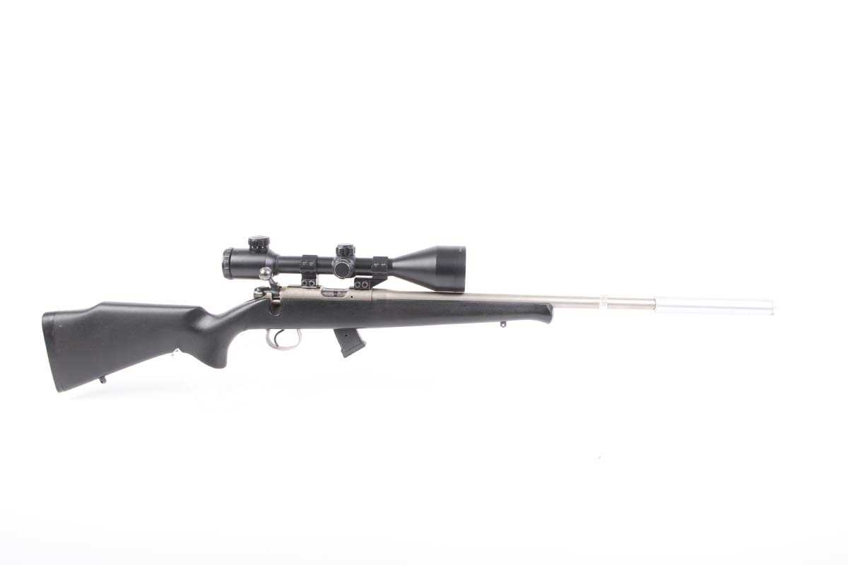 Ⓕ (S1) .22 CZ 452-2E bolt action rifle, 17 ins screw cut stainless steel barrel (alloy moderator