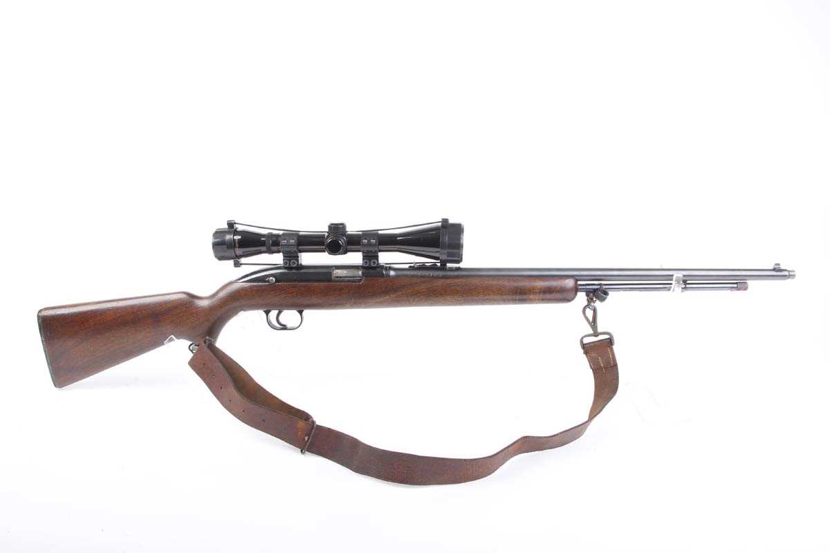 Ⓕ (S1) .22 Winchester Model 77 semi automatic rifle, 22 ins threaded barrel, open sights, tube