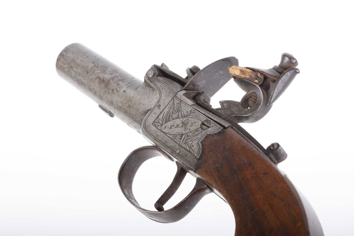 (S58) 50 bore Flintlock Pocket Pistol by Pratt, 2 ins round turn off barrel, boxlock action engraved - Image 6 of 7