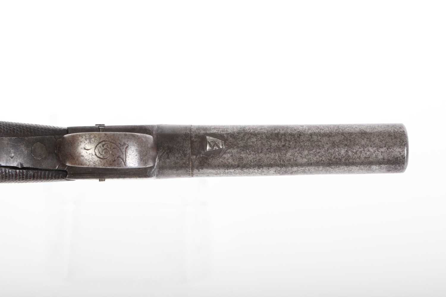 (S58) 50 bore Percussion Pocket Pistol, 3½ ins round turnoff barrel, engraved boxlock action, - Image 4 of 9