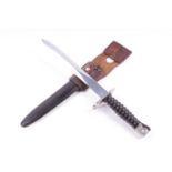 Swiss M1957 bayonet, numbered 50374, ribbed black grips, in scabbard with leather frog