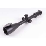 6-24x56 IRS Viper Optisan rifle scope, boxed with covers, ring mounts, parallax wheel, and
