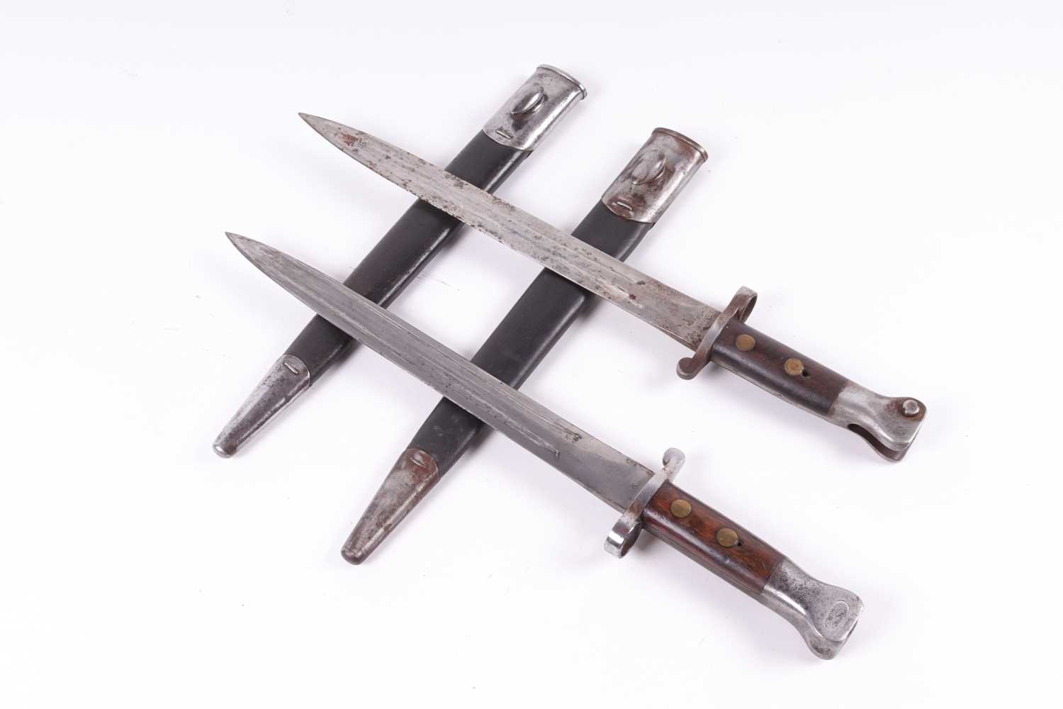 Two British P1888 MkI Type II knife bayonets numbered 628 and 248, each with broad arrow and