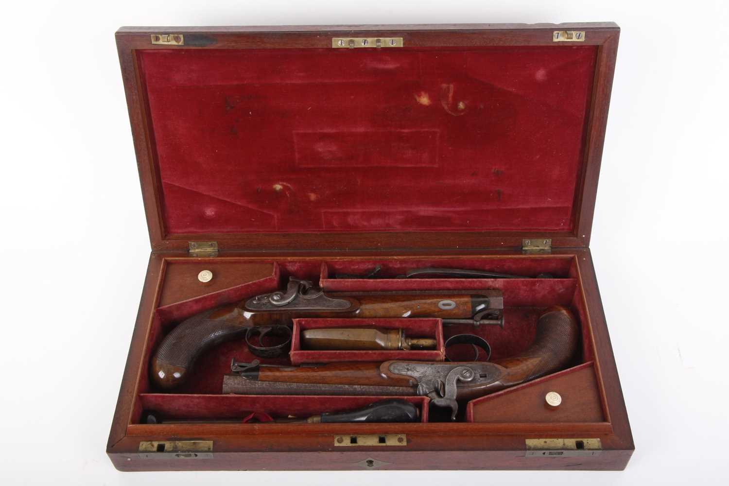 (S58) A cased pair of 18 bore percussion pistols by Hamburger & Co., each with a 7½ ins damascus