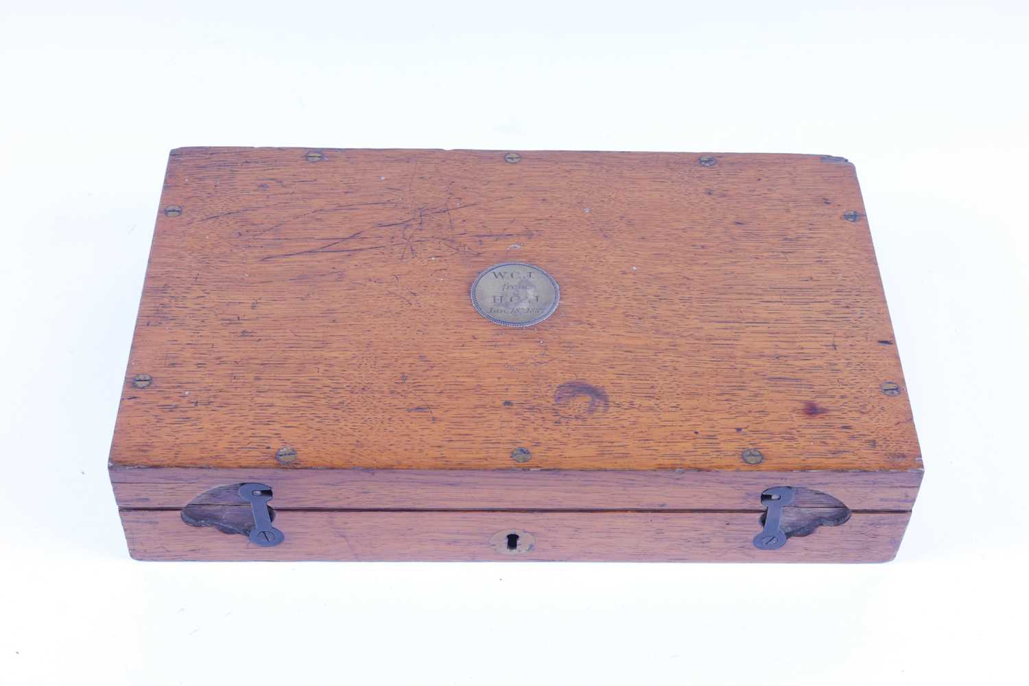 An oak pistol case, blue baize fitted interior, max. internal depth 1½ ins11½ x 6 1/16 ins - Image 4 of 6