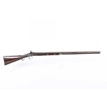(S58) 15 bore flintlock sporting gun by Sharp, 32 ins damascus barrel, half-stocked with wooden