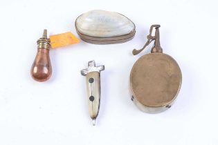 Miniature Sykes copper and brass powder flask together with a bone handled screwdriver, brass powder