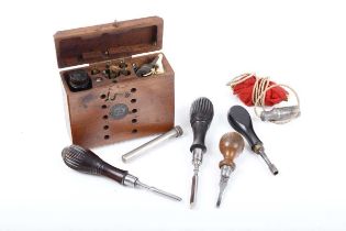 Wooden cased Parker's No.1A .22 Cal. cleaning kit with 'NeverLeak' oil bottle, and small quantity of