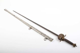 Victorian Court sword, 30½ ins double edged tapered blade, brass downswept shell guard with 52nd (