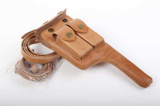 Mauser C96 brown leather holster with pouches for two spare magazines and leather pistol lanyard