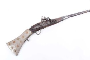 (S58) 32 bore African copy of a Dutch Snaphaunce musket, 46 ins barrel, fullstocked with brass bands