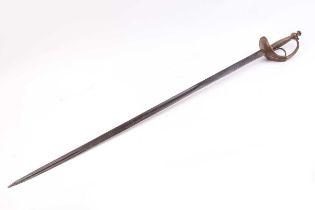 European court sword, 33 ins singled edged blade ending with double fuller, brass heart shaped