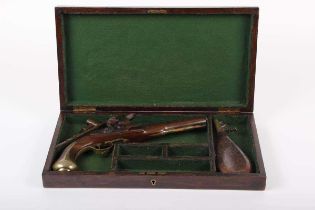 (S58) 25 bore Flintlock pistol by Hadley, 7½ ins barrel, fullstocked and with horn-tipped wooden