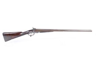 (S58) 12 bore English pinfire double sporting gun, 30 ins brown damascus barrels (London proof