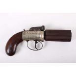 (S58) 50 bore Percussion Pepper Box Pistol by Blissett, 3½ ins 6 barrel revolver, London proof