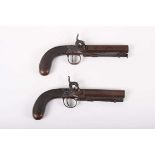 (S58) A pair of 40 bore English boxlock percussion pistols, each with a 4 ins octagonal damascus