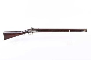 (S58) 14 bore percussion musket, 26 ins barrel, fullstocked with captive steel cleaning/ramrod,