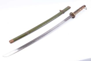 Katana with 27 ins blade, indistinctly etched, brass tsuba, in scabbard
