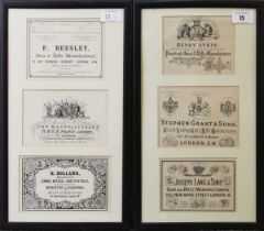 Two framed and glazed gunmaker trade label displays: Henry Atkin; Stephen Grant; Joseph Lang; F.