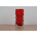 Geoffrey Baxter for Whitefriars, a cylindrical textured 'Bark' vase, pat. no. 9691, ruby colour,