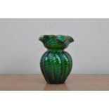 A loetz style glass vase, greeny blue colour, flared frilled rim, with ribbed design, 11cm high
