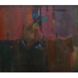 Contemporary oil on board, abstract with a central seated figure, unframed, some wear to the