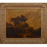 Oil on canvas, lady in a landscape with trees and a cottage, in poor condition, framed, frame size
