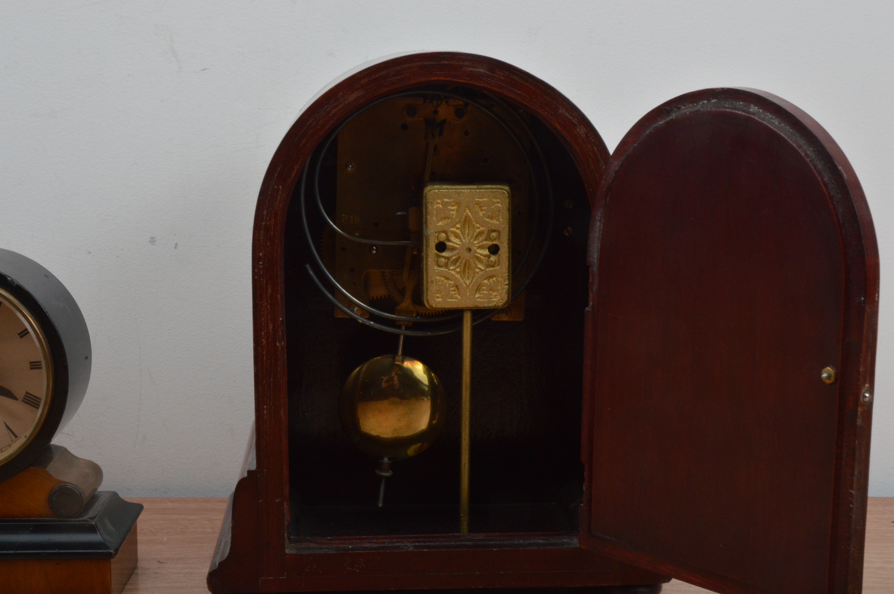 Three domed wooden cased mantle clocks, all dials with Roman numerals, the larger two with - Image 2 of 3