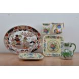 Five pieces of Masons pottery, comprising three jugs of differing sizes and designs, all marked to